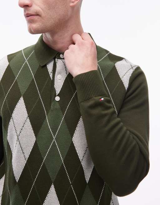 Tommy Hilfiger - Polo verde a maniche lunghe a losanghe, 4 di 5