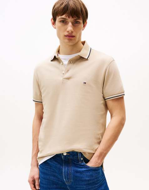 Tommy Hilfiger – Polohemd in Beige mit schmalem Schnitt und Zierstreifen - view 1