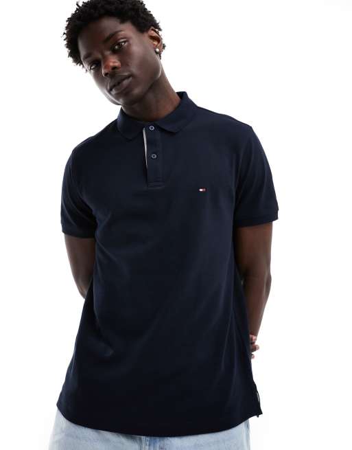 Tommy Hilfiger – Polohemd in Dunkelblau mit normalem Schnitt und farblich abgesetzter Knopfleiste