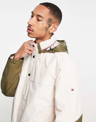 Tommy Hilfiger polyester blend tech stand collar colourblock jacket in cream - CREAM - ASOS Price Checker