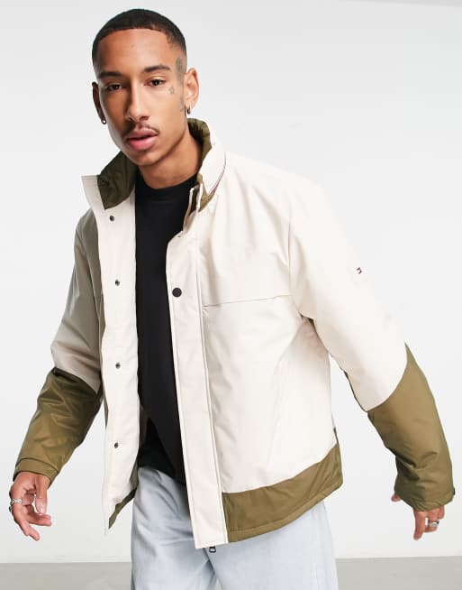 Tommy Hilfiger polyester blend tech stand collar color block jacket in  cream - CREAM