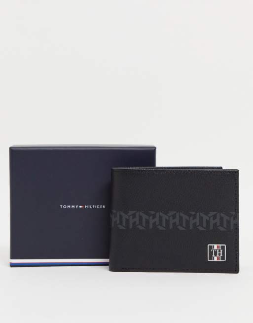 Tommy Hilfiger - Portafoglio in pelle nero con logo a monogramma