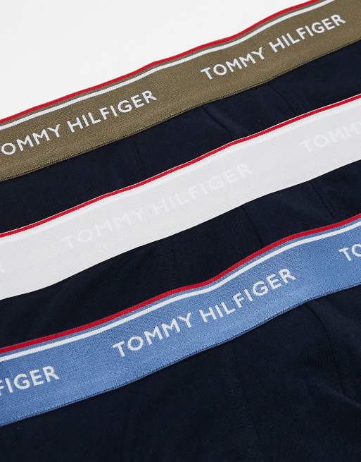 Tommy Hilfiger premium essentials 3 pack trunks in navy with coloured waistband, 2 of 4