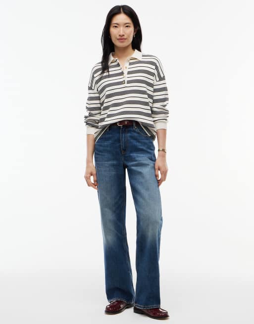 Tommy Hilfiger Premium knit gold-tone button polo jumper in broken stripe ecru / black, 2 of 6