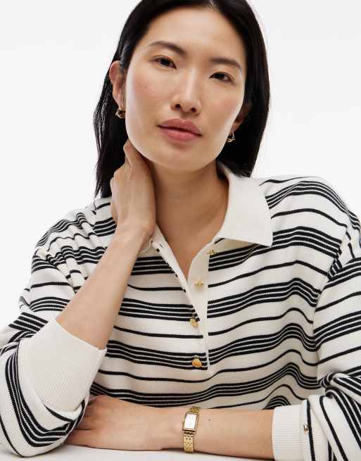 Tommy Hilfiger Premium knit gold-tone button polo jumper in broken stripe ecru / black, 3 of 6