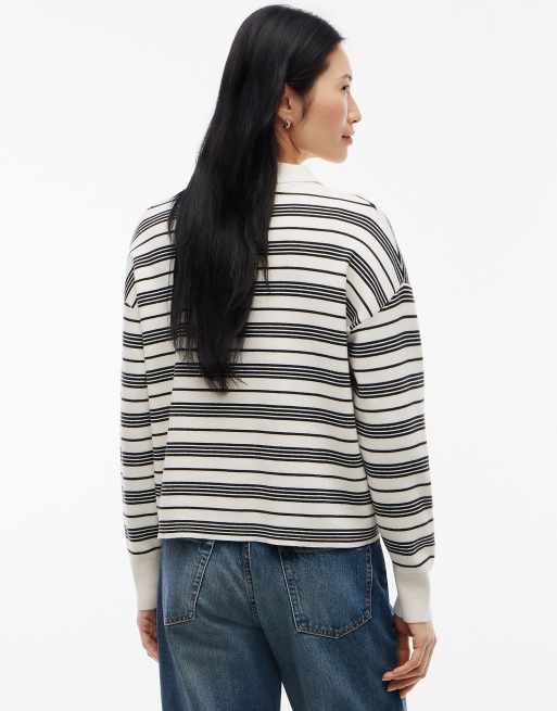 Tommy Hilfiger Premium knit gold-tone button polo jumper in broken stripe ecru / black, 4 of 6