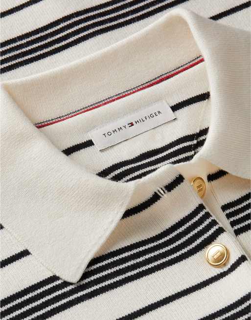 Tommy Hilfiger Premium knit gold-tone button polo jumper in broken stripe ecru / black, 6 of 6