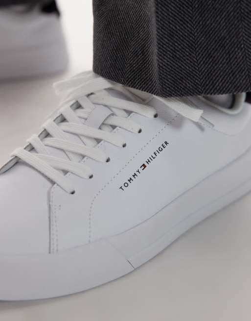 Tommy Hilfiger premium leather court trainers in white and navy, 4 of 5