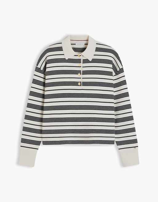 Tommy Hilfiger Premium Strick-Polo-Pullover mit goldfarbenen Knöpfen in Streifenoptik, Ecru / Schwarz, 5 von 6