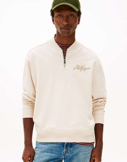 Tommy Hilfiger - Pull à col style baseball zippé - Beige