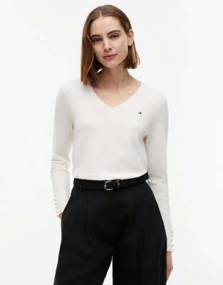Pull à col V et boutons dorés aux poignets - Blanc-Jaune M