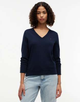 Pull à col V et boutons dorés aux poignets - Bleu foncé L