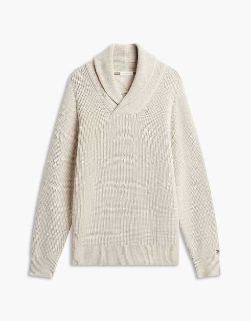 Tommy Hilfiger pull ample en maille côtelée à col châle, écru chiné, 5 de 6