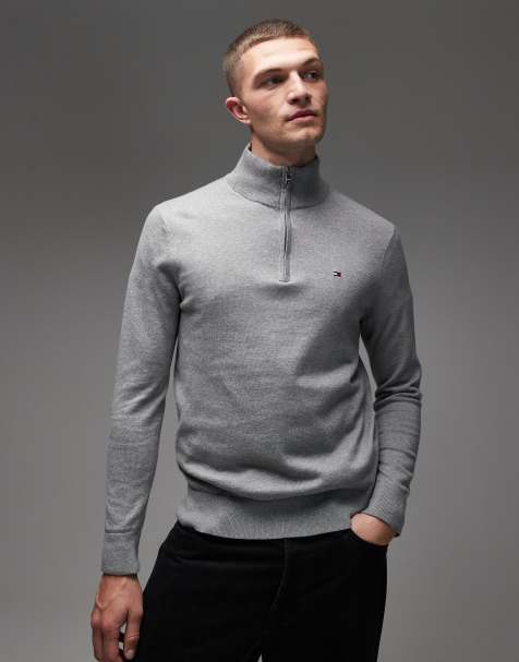 Tommy Hilfiger - Pull basique en coton avec col zippé - Gris - view 1