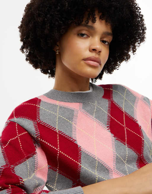 Tommy Hilfiger pull col rond ample à losanges en gris multicolore, 3 de 6