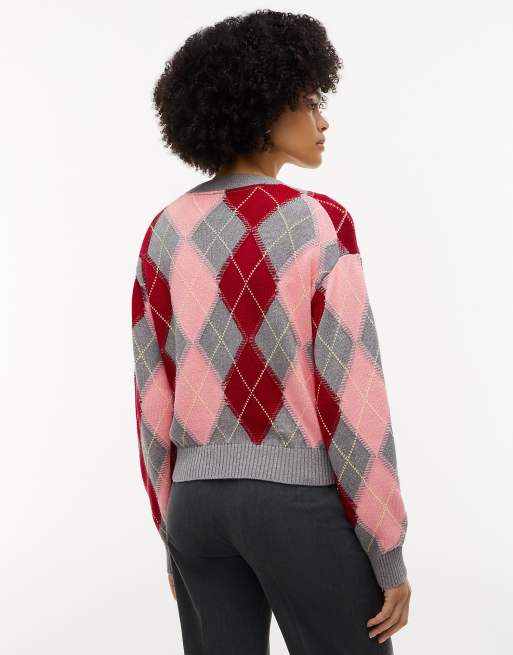 Tommy Hilfiger pull col rond ample à losanges en gris multicolore, 4 de 6