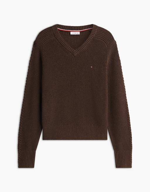 Tommy Hilfiger pull col V coupe décontractée en maille cardigan, noisette grillée chiné, 5 de 6