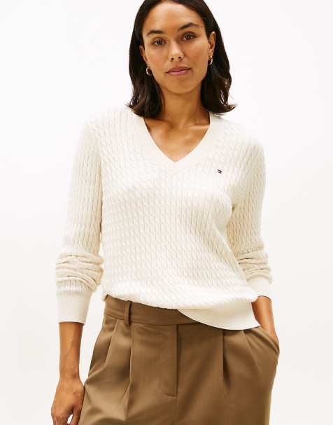 Tommy Hilfiger - Pull col V en maille torsadée - Blanc - view 1