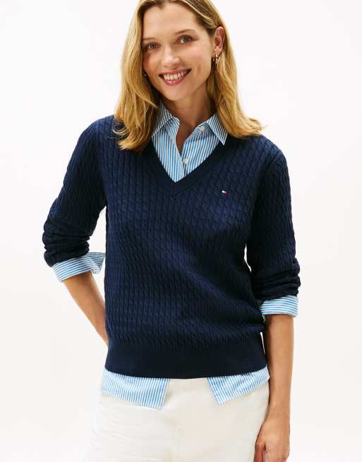 Tommy Hilfiger - Pull col V en maille torsadée - Bleu foncé