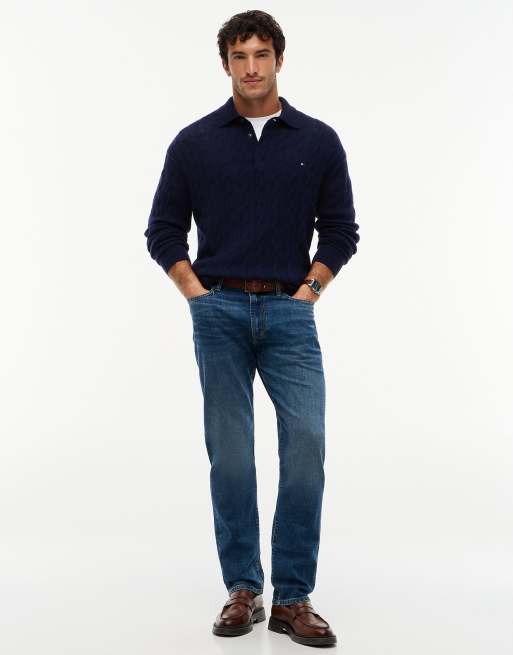 Tommy Hilfiger pull de rugby en maille torsadée en pure laine bleu foncé, 2 de 6