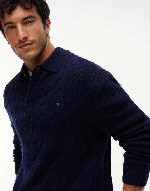 Tommy Hilfiger pull de rugby en maille torsadée en pure laine bleu foncé, 3 de 6