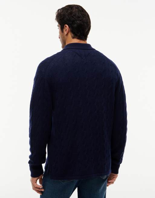 Tommy Hilfiger pull de rugby en maille torsadée en pure laine bleu foncé, 4 de 6