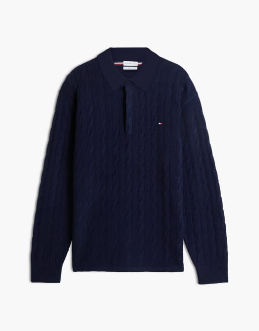 Tommy Hilfiger pull de rugby en maille torsadée en pure laine bleu foncé, 5 de 6