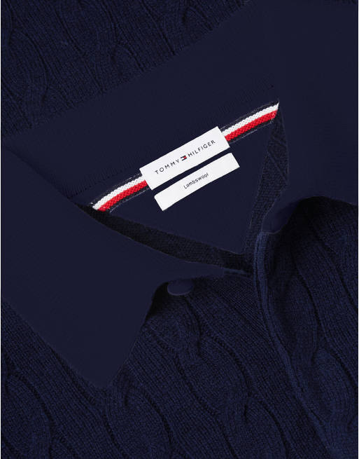 Tommy Hilfiger pull de rugby en maille torsadée en pure laine bleu foncé, 6 de 6