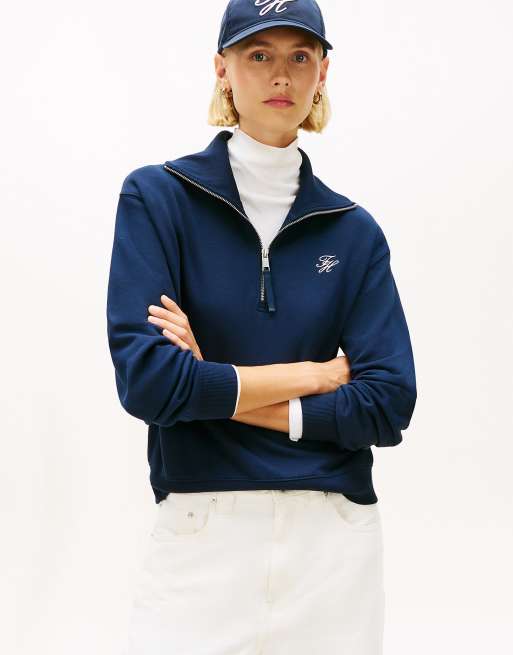 Tommy Hilfiger - Pull duveteux à logo brodé et col zippé - Bleu foncé