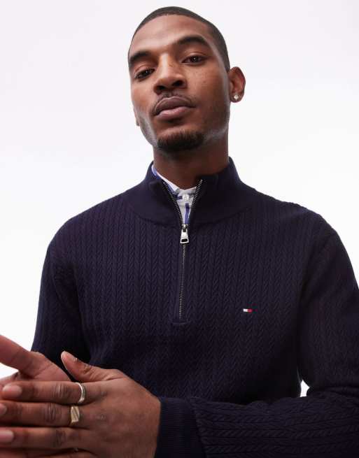 Tommy Hilfiger - Pull en maille à chevrons avec col zippé - Bleu marine