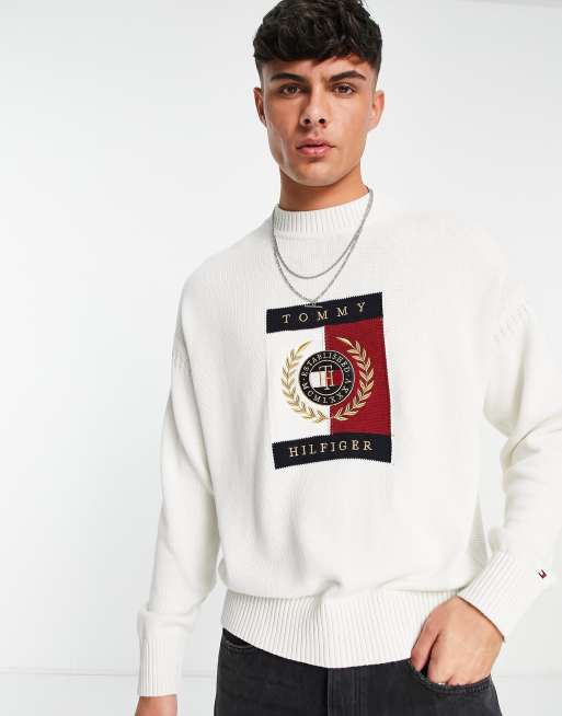 Tommy Hilfiger Pull en maille avec logo drapeau carr embl matique Ivoire