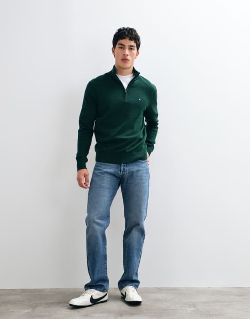 Tommy Hilfiger - Pull en maille de coton à col montant et logo drapeau avec col montant zippé - Vert foncé, 5 de 5