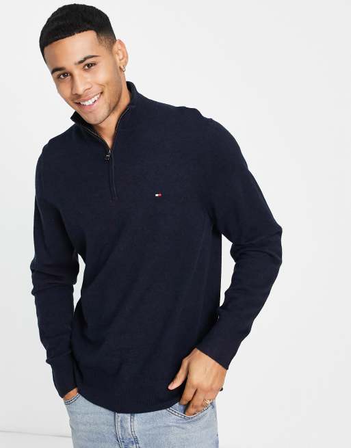 Tommy Hilfiger Pull en maille de laine douce ultra fine logo drapeau et col zipp Bleu marine