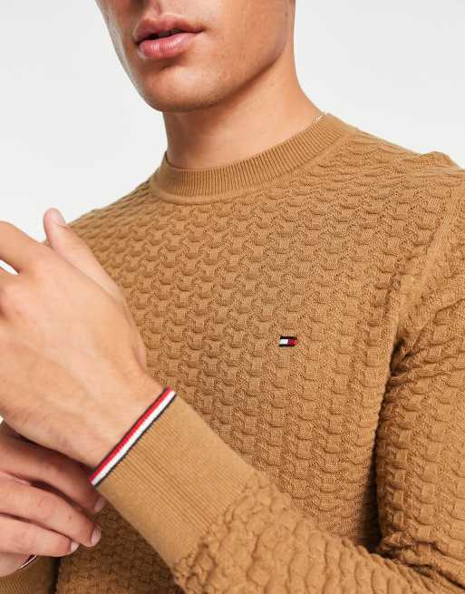 Tommy Hilfiger Pull en maille structur e fantaisie logo drapeau Fauve kaki