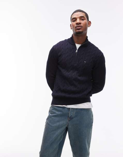 Tommy Hilfiger - Pull en maille torsadée à col zippé - Bleu marine - view 1