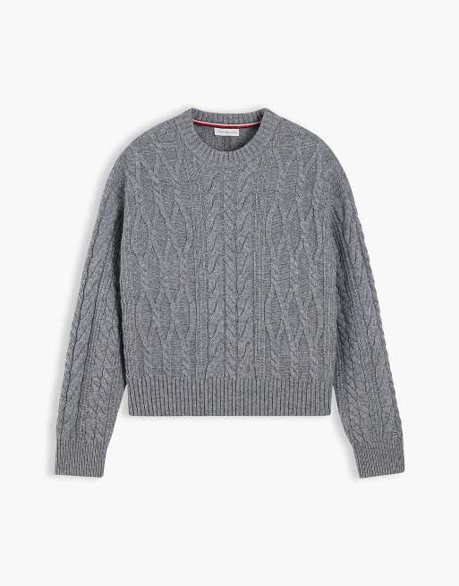Tommy Hilfiger pull en maille torsadée décontracté avec soie gris chiné moyen, 5 de 6