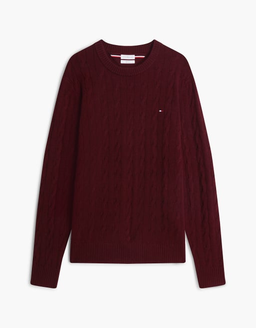 Tommy Hilfiger pull en maille torsadée en pure laine d’agneau bordeaux chiné, 5 de 6