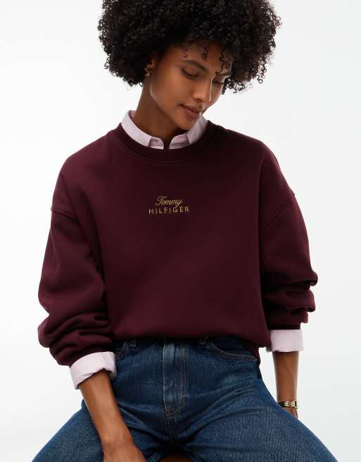 Tommy Hilfiger pull en molleton coupe décontractée à logo brodé en rouge foncé, 3 de 6