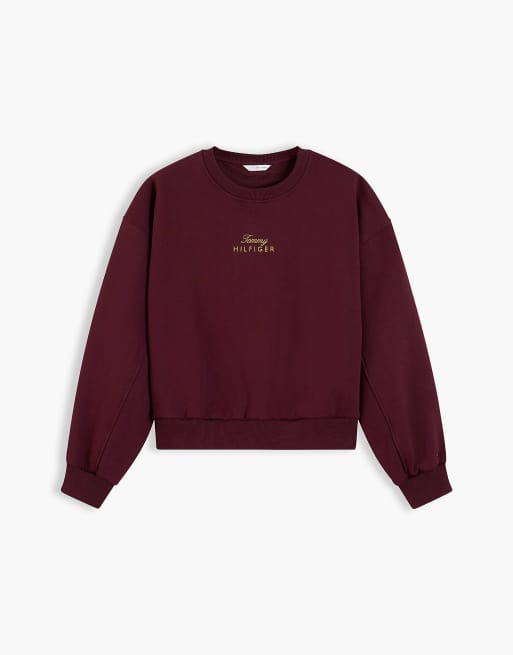 Tommy Hilfiger pull en molleton coupe décontractée à logo brodé en rouge foncé, 5 de 6