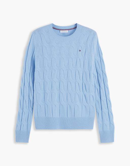 Tommy Hilfiger pull en pure laine à torsades et chaîne bleu clair délavé, 5 de 6