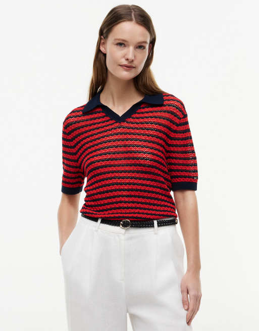 Tommy Hilfiger pull polo relaxed à manches courtes pointelle en rouge multicolore, 1 de 6