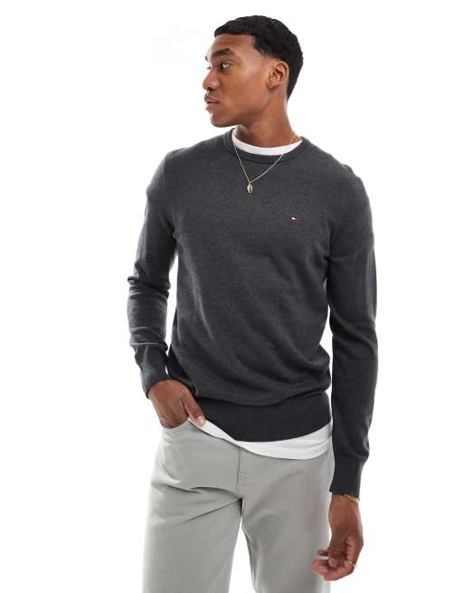 Tommy Hilfiger - Pull ras de cou avec logo drapeau brodé - Gris foncé