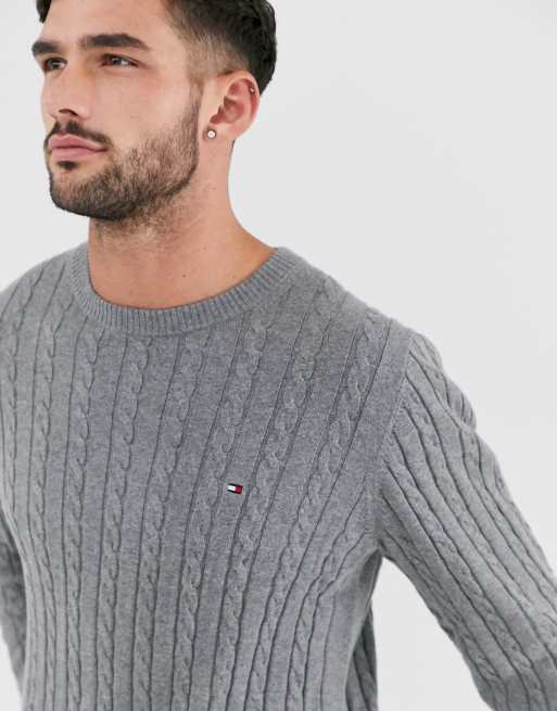 Tommy Hilfiger Pull ras de cou en maille torsad e classique Gris