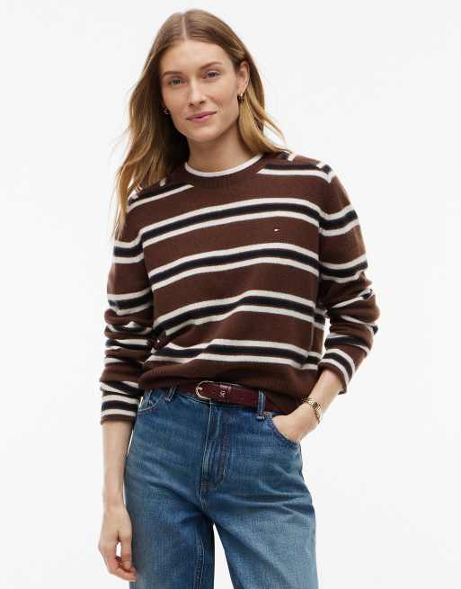 Tommy Hilfiger pull slim en jersey de laine pure multicolore marron, 1 de 6