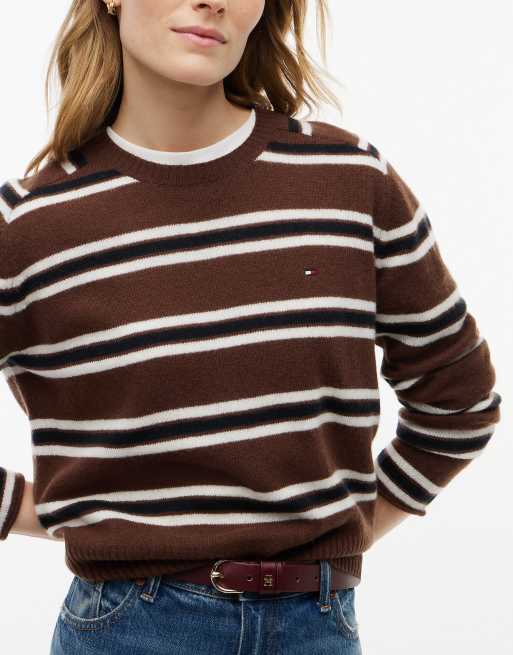 Tommy Hilfiger pull slim en jersey de laine pure multicolore marron, 3 de 6
