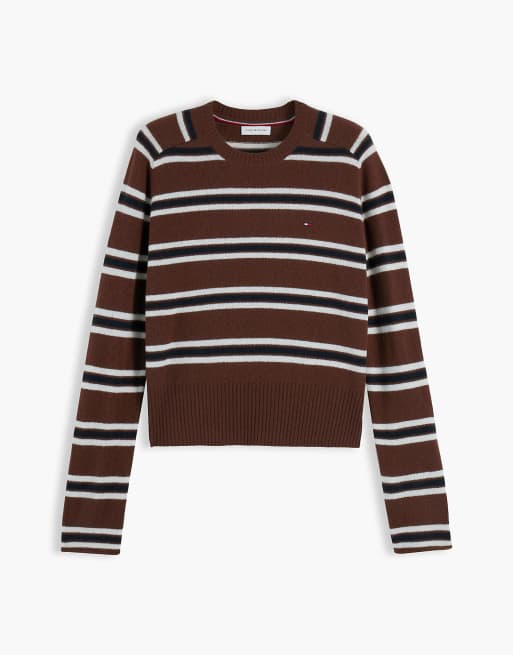 Tommy Hilfiger pull slim en jersey de laine pure multicolore marron, 5 de 6