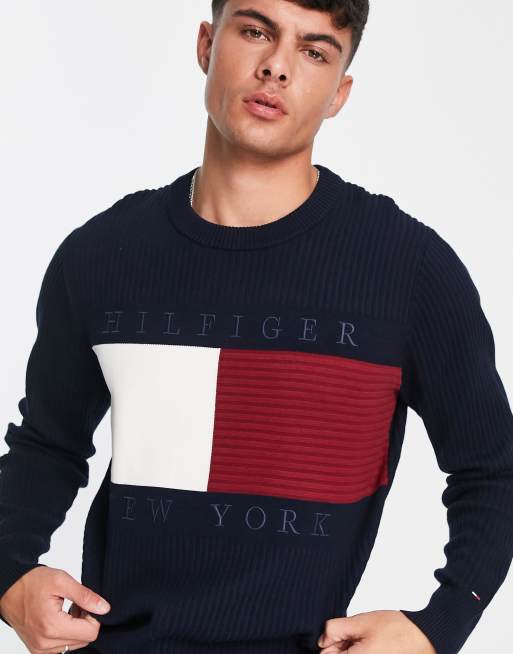 Tommy Hilfiger Pull structur en maille de coton m lang avec grand logo drapeau Bleu marine