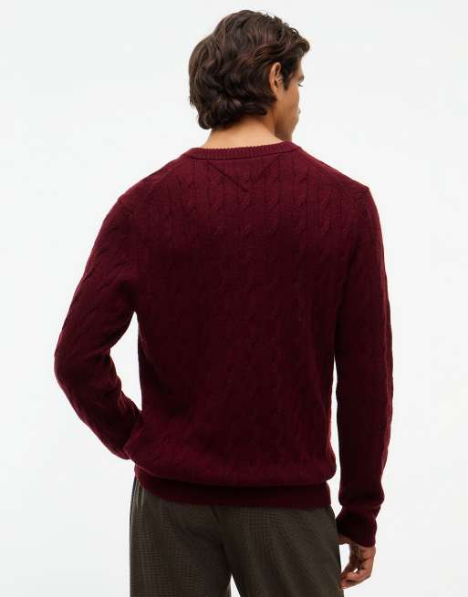 Tommy Hilfiger Pullover aus reiner Lammwolle mit Zopfmuster in burgunderrot meliert, 4 von 6