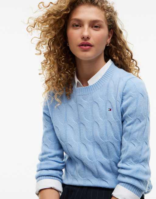 Tommy Hilfiger Pullover aus reiner Wolle mit Zopfmuster in verwaschenem Hellblau, 3 von 6