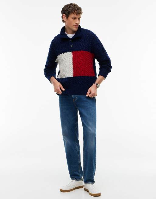 Tommy Hilfiger Pullover aus Wollmix mit Knopfleiste und Stehkragen in Marineblau, 2 von 6